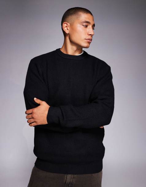 River Island – Gerippter Pullover in Schwarz mit Rundhalsausschnitt - view 1