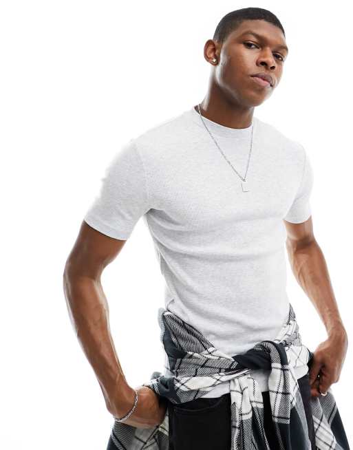 River Island – Geripptes T-Shirt in Grau meliert 