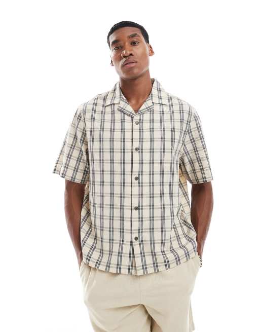 River Island - Geruit overhemd met reverskraag in stone, 3 van 4