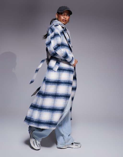 River Island - Geruite jas met wollook en ceintuur in blauw, 2 van 4