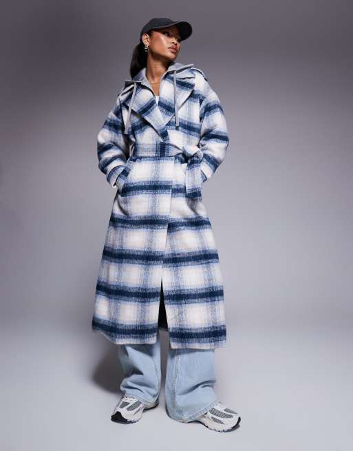 River Island - Geruite jas met wollook en ceintuur in blauw, 4 van 4