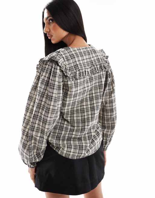 River Island - Geruite overhemd met ruches aan de kraag in zwart en wit, 4 van 4