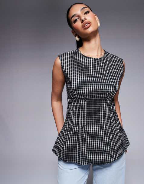 River Island - Geruite poplin top met plat gestikte plooien in zwart - view 1
