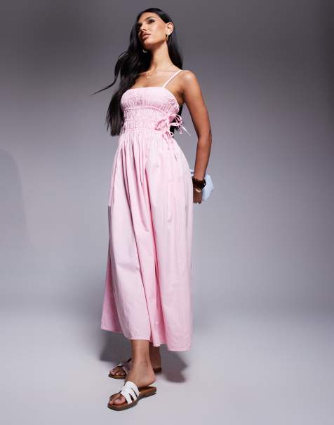 River Island - Gesmokte midi-jurk met bandjes in roze - view 1