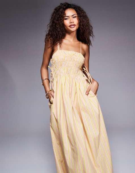 River Island - Gesmokte midi jurk met bandjes in stone - view 1