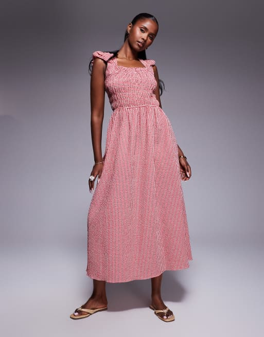 River Island - Gesmokte midi-jurk met kapmouwtjes en gingham ruit in rood, 2 van 4