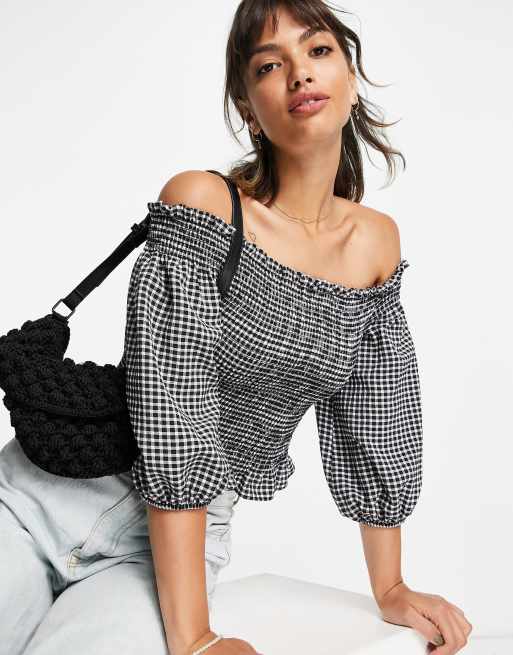 River Island - Gesmokte top met bardot-hals en gingham ruit in zwart