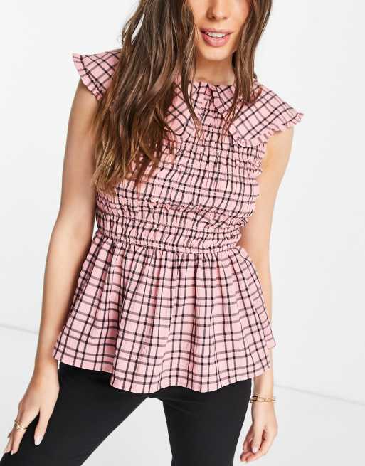 River Island - Gesmokte top met kraag en gingham ruit in roze