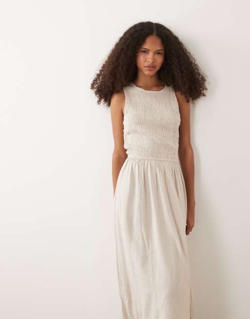 River Island – Gesmoktes Midikleid in Leinenoptik in Steinbeige, 4 von 4