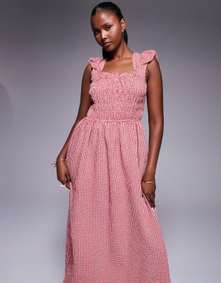 River Island - Gesmoktes Midikleid in Rot mit Kappärmeln und Vichykaro