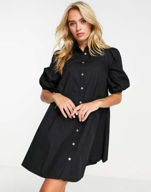 River Island – Gesmoktes Mini-Hemdblusenkleid in Schwarz mit Ballonärmeln