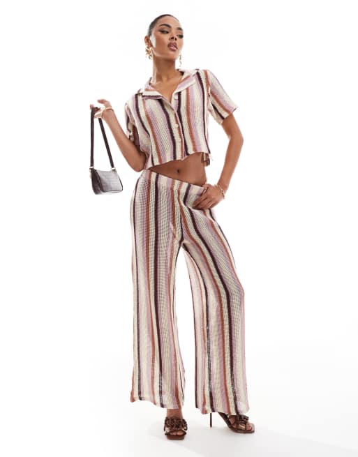 River Island - Gestreepte gebreide broek met wijde pijpen in middenroze, deel van co-ord set