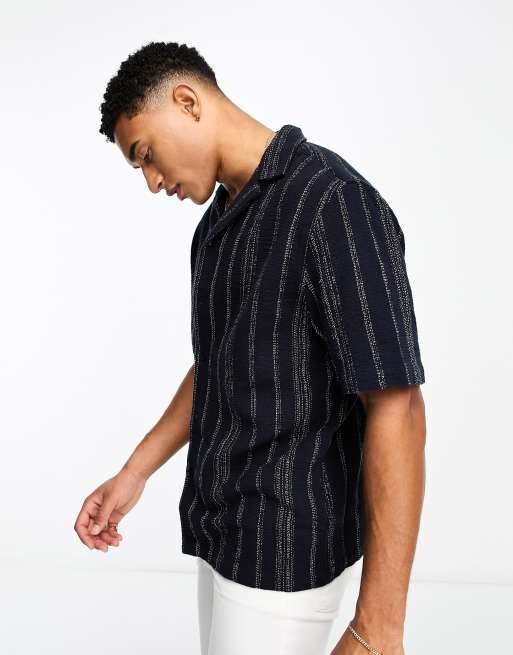 River Island - Gestreepte geweven overhemd met korte mouwen in marineblauw