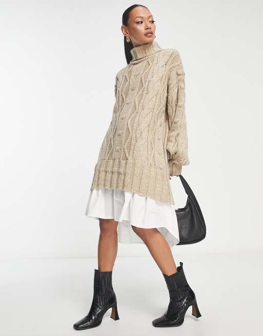 River Island – Gestricktes Hybrid-Pulloverkleid Zopfmuster ASOS in Beige mit 