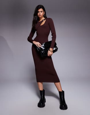 River Island - Gestricktes Midikleid in Dunkelbraun mit Cut-out-Detail-Brown