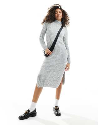 River Island - Gestricktes Pullover-Midikleid in Grau mit Zopfmuster