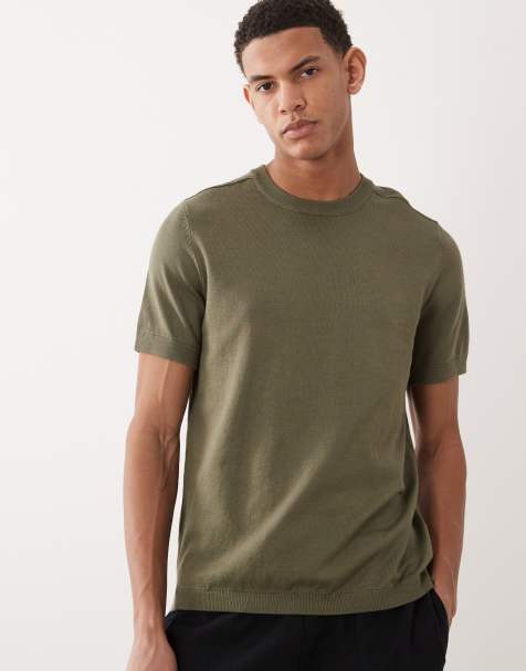 River Island – Gestricktes T-Shirt in Khaki - view 1