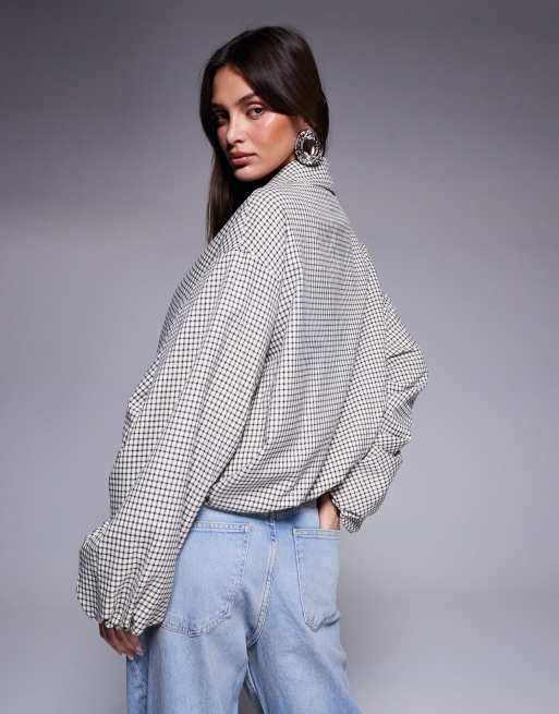 River Island - Giacca bomber con fondo a palloncino crema a quadri, 4 di 4