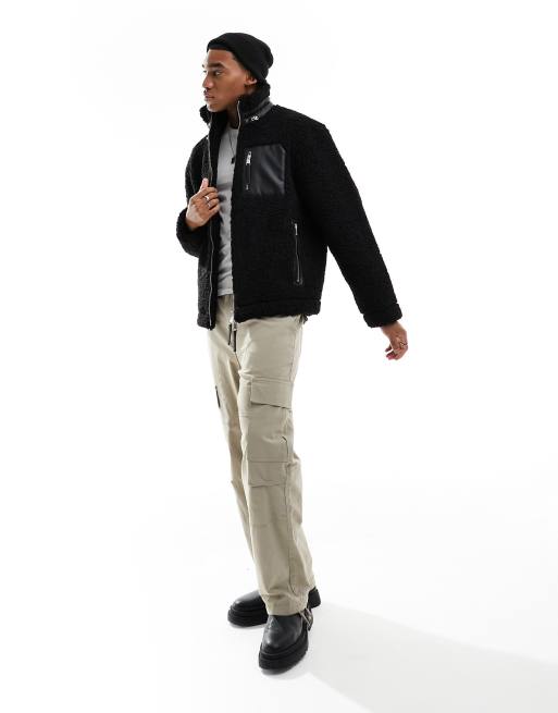 River Island - Giacca con collo a imbuto in pile borg nera