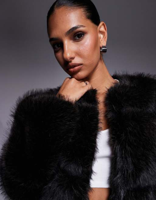 River Island - Giacca corta in pelliccia sintetica marrone scuro a pannelli, 4 di 4