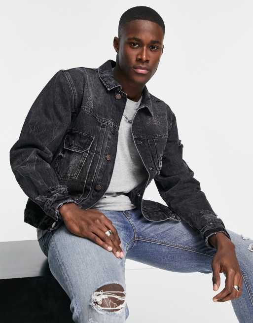 River Island - Giacca di jeans squadrata nera