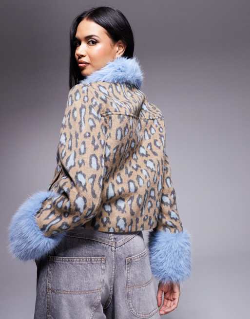 River Island - Giacca effetto lana con stampa leopardata e dettagli in pelliccia sintetica, 3 di 4