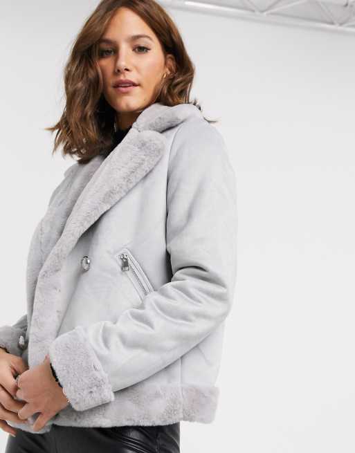 River Island Giacca in montone e camoscio sintetico grigio chiaro