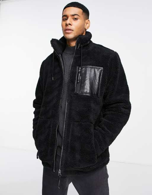 River Island - Giacca sfoderata in pile borg nero con collo a imbuto