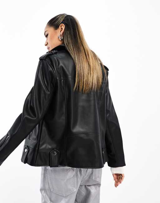 River Island - Giacca stile motociclista oversize in pelle sintetica nera, 2 di 4