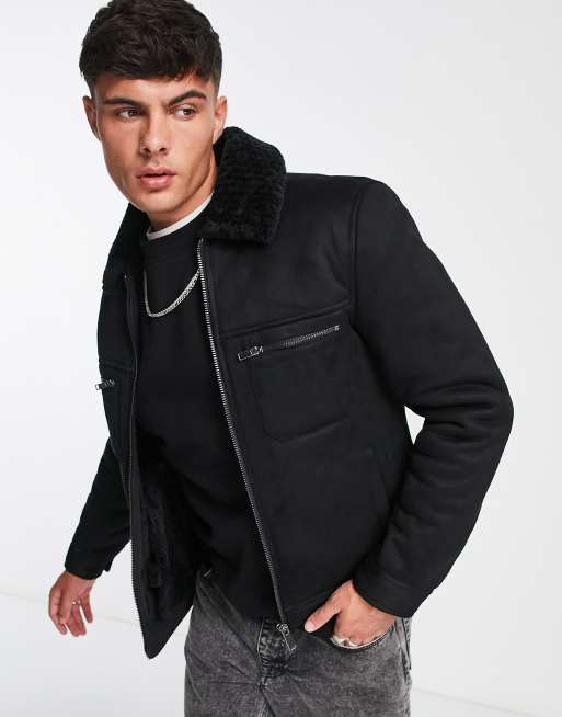 River Island - Giacca stile western nera con fodera in pile borg