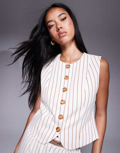 River Island - Gilet accollato bianco a righe in coordinato - view 1