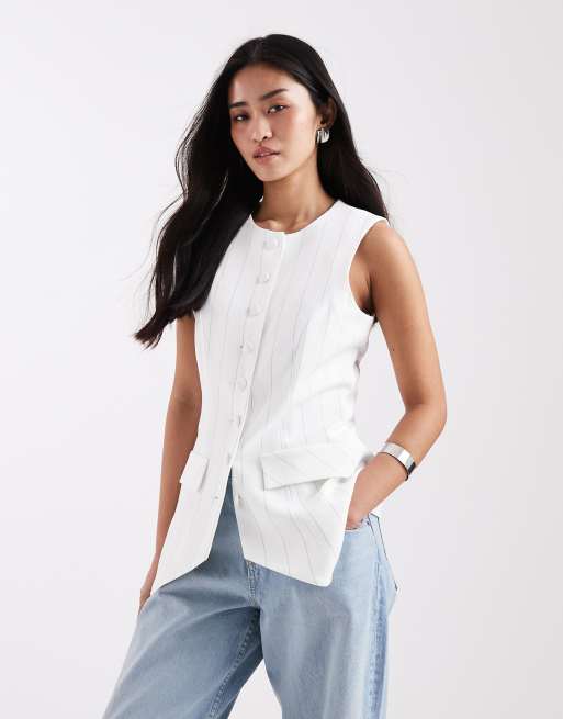 River Island - Gilet accollato color crema a righe in coordinato