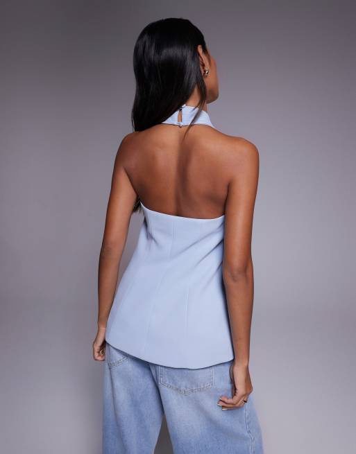 River Island - Gilet blu chiaro allacciato al collo, 4 di 4