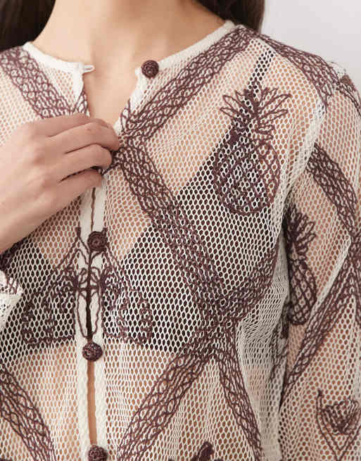 River Island - Gilet d'ensemble à motif crocheté - Crème, 3 de 4