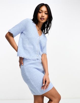 River Island boucle cardi with diamante heart trim co-ord in light blue - ASOS Price Checker