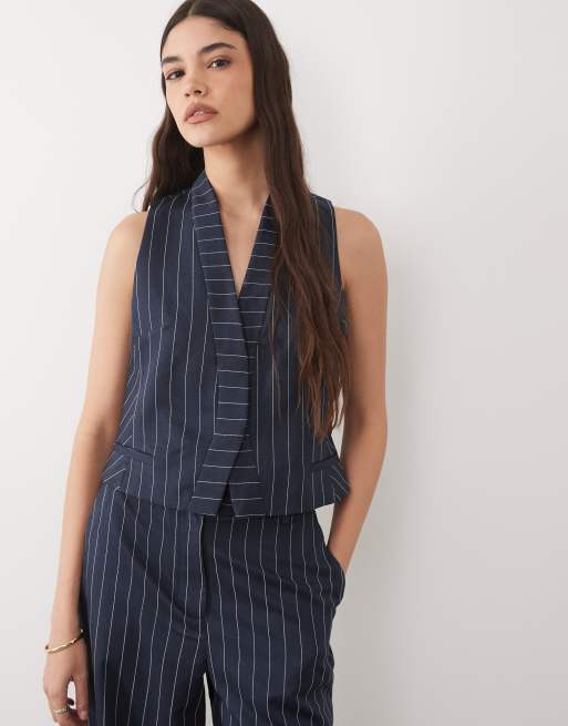 River Island - Co-ord set van gilet en getailleerde broek met wijde pijpen en krijtstreep in marineblauw, 2 van 3