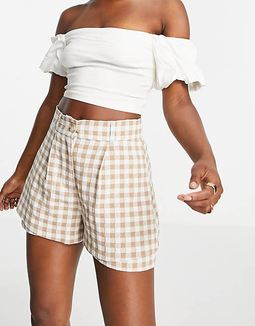 Women River Island gingham check co-ord shorts in brown 