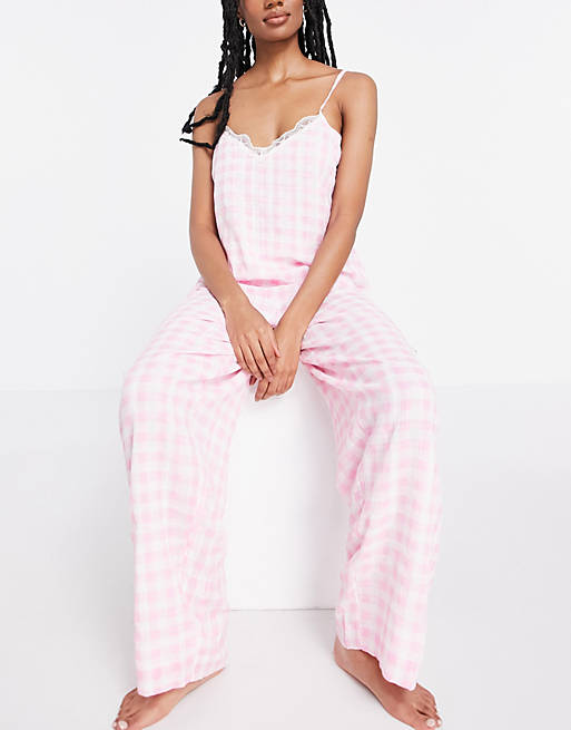 River Island gingham check pyjama cami and trouser set in pink