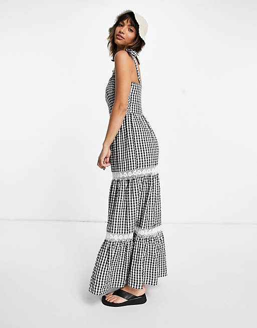 Women River Island gingham check tiered midi dress in navy 