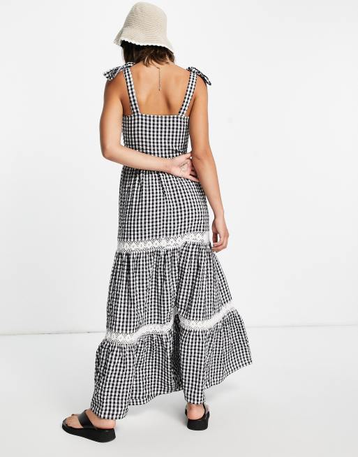 River Island gingham check tiered midi dress in navy, 2 of 4