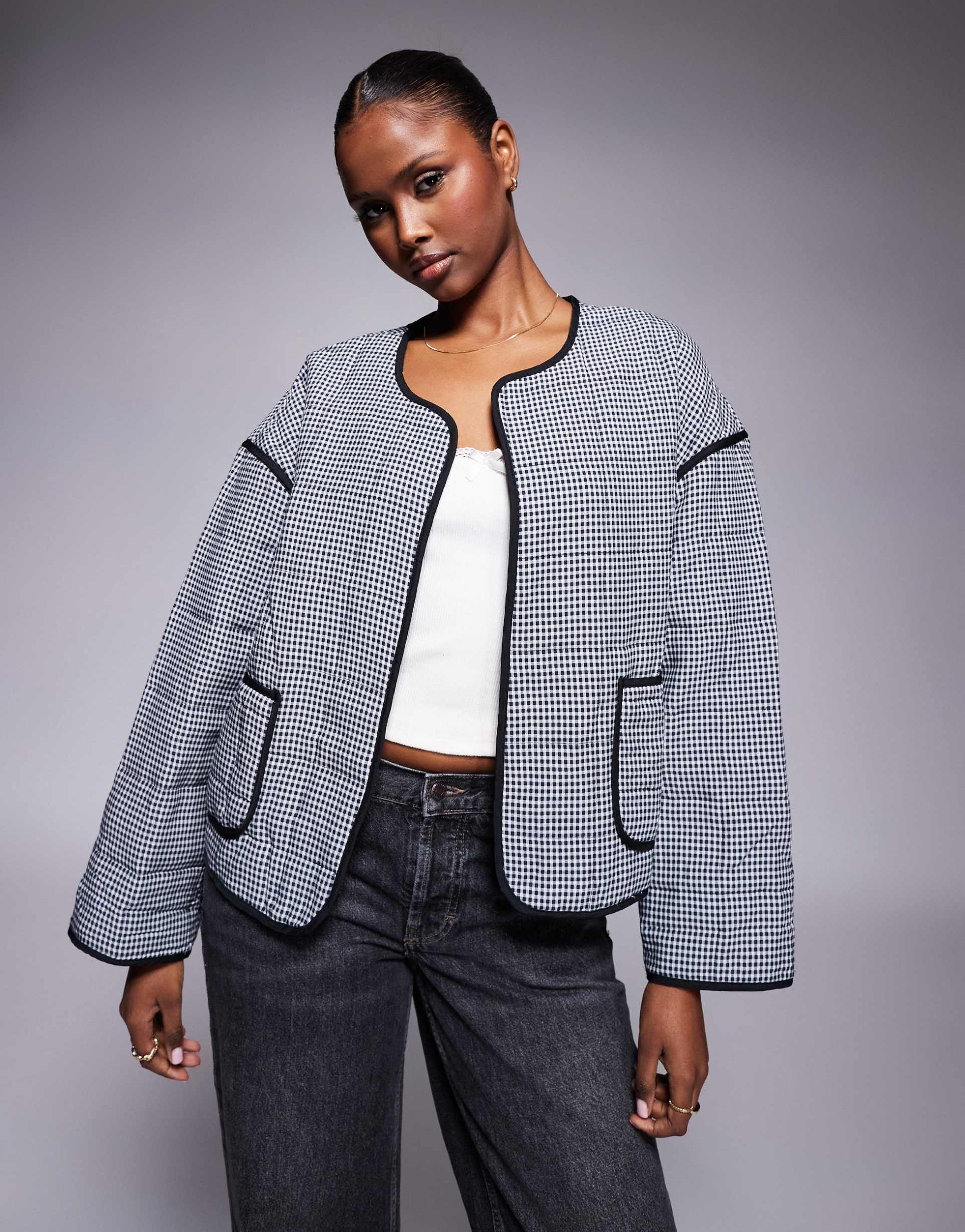 river island gingham coat in black