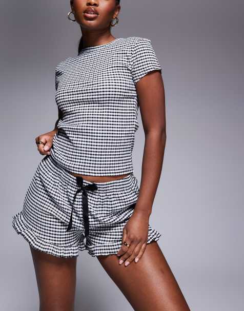 River Island gingham cropped tee and short set in cream - view 1