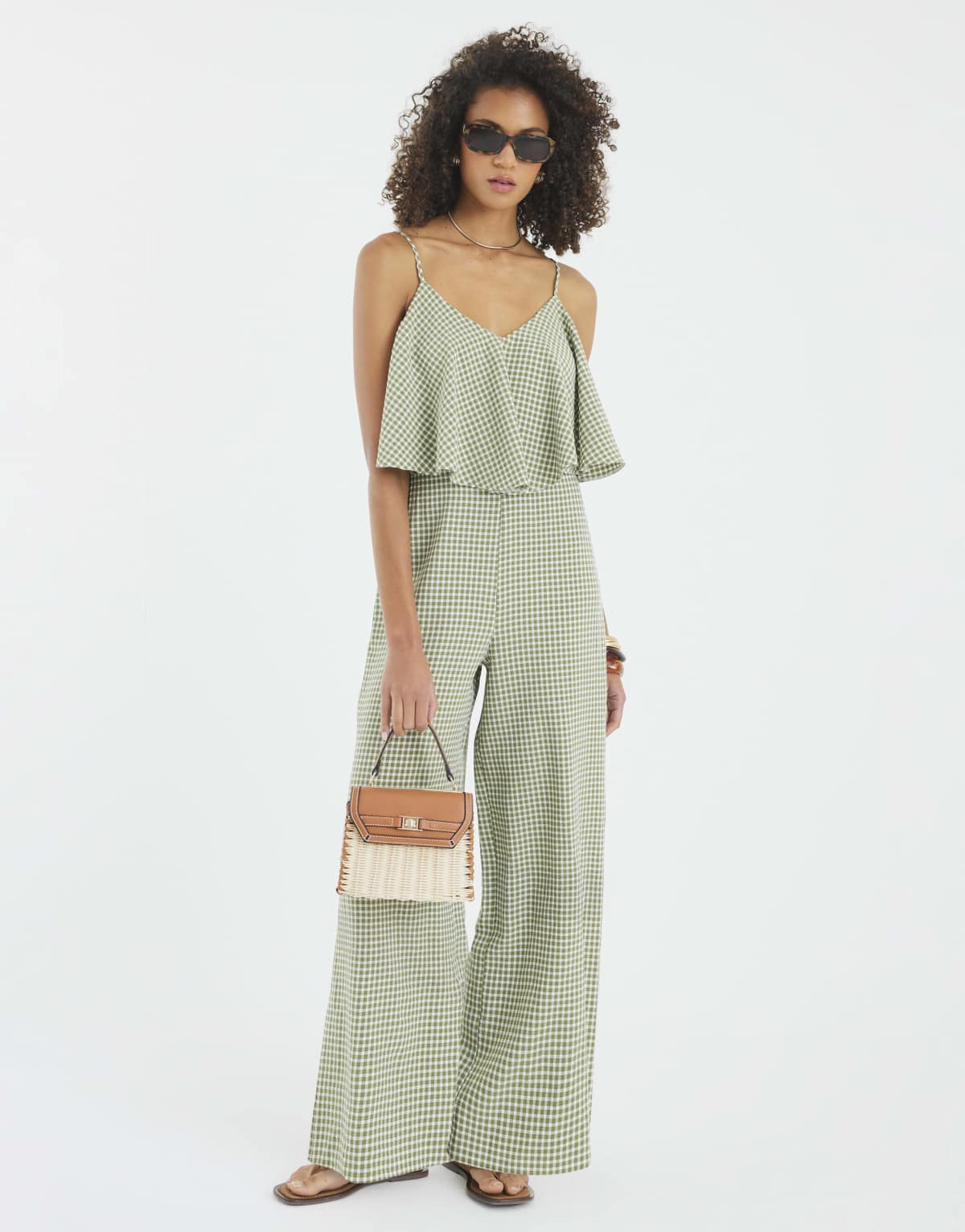 River Island Gingham double layer wide leg jumpsuit in khaki