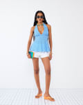 [River Island] River Island gingham halter neck top in blue XS BLUE