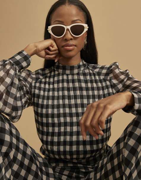 River Island Gingham long sleeve crop top in black - view 1