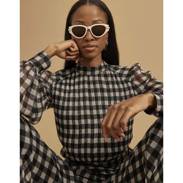 River Island Gingham long sleeve crop top in black ASOS