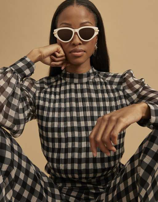River Island Gingham long sleeve crop top in black