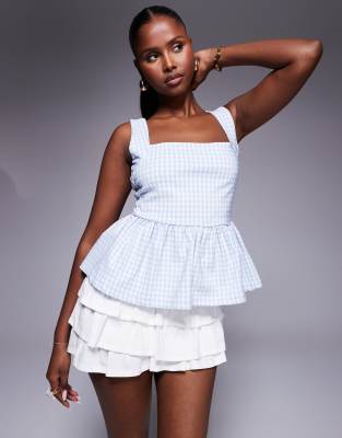 River Island Gingham Peplum Top In Blue