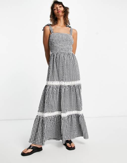 River Island gingham plaid tiered midi dress in navy, 3 of 4