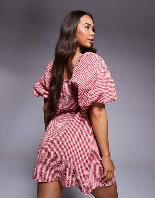 River Island gingham puff sleeve mini dress in red ASOS